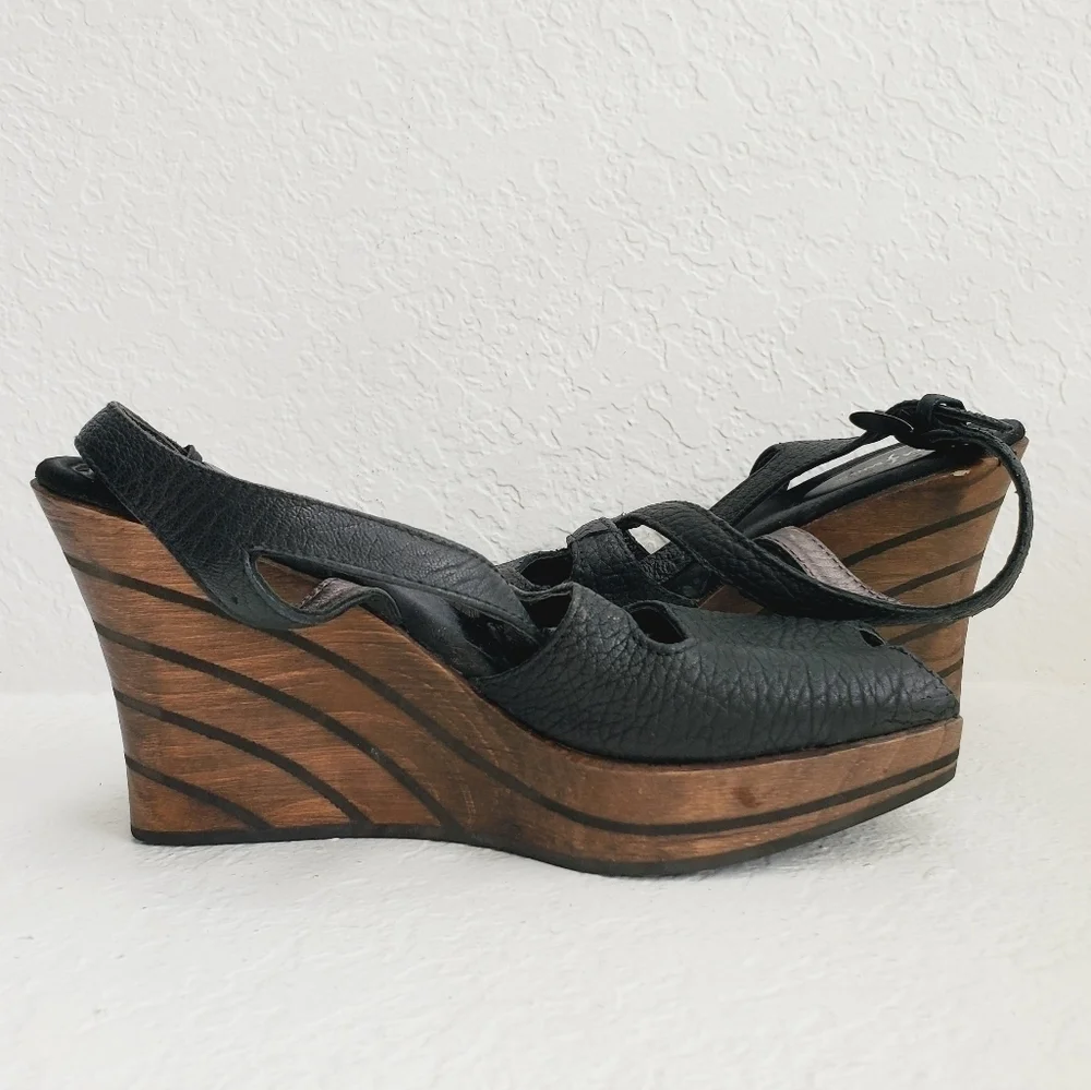 Rebeca Sanver Spain Y2K Leather Chunky Wedge Wood Platform Sandals 40EU